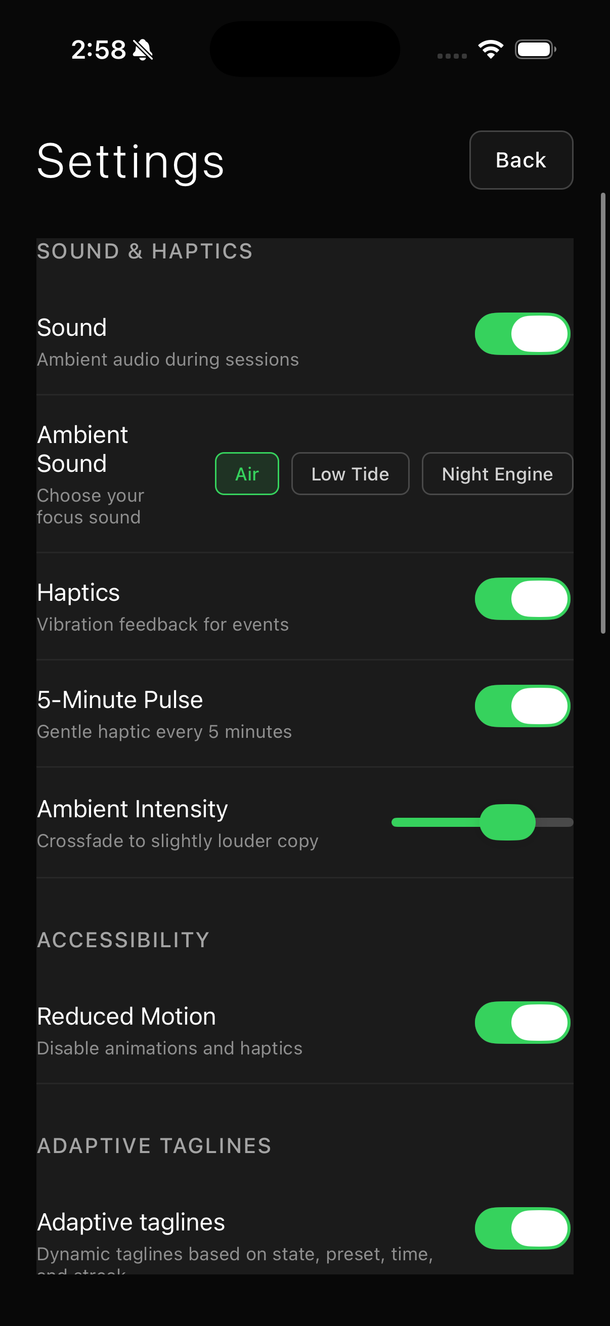 QuietHalo app screen showing air, low tide, night engine • immersive calm.