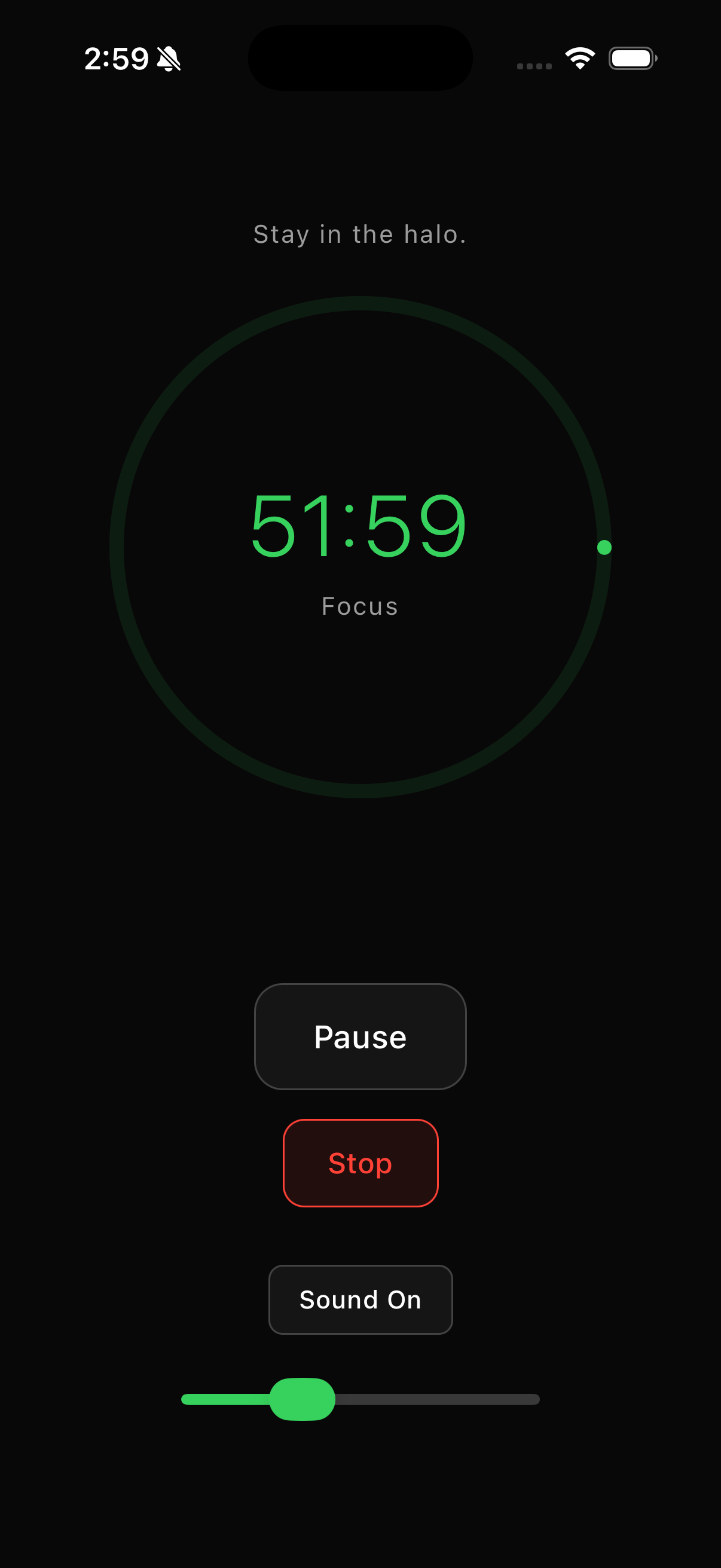 QuietHalo app screen showing back navigation disabled. the world fades.