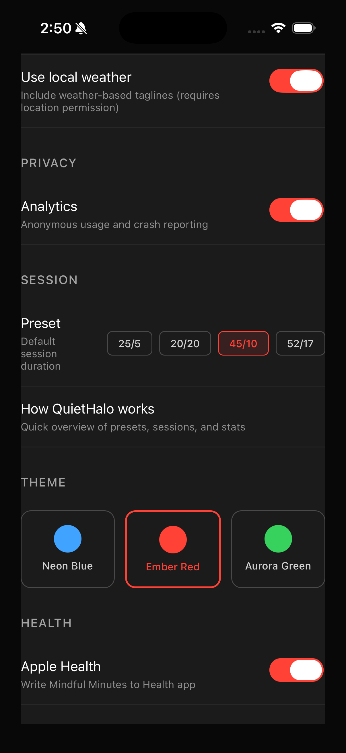 QuietHalo app screen showing neon blue, ember red, aurora green.