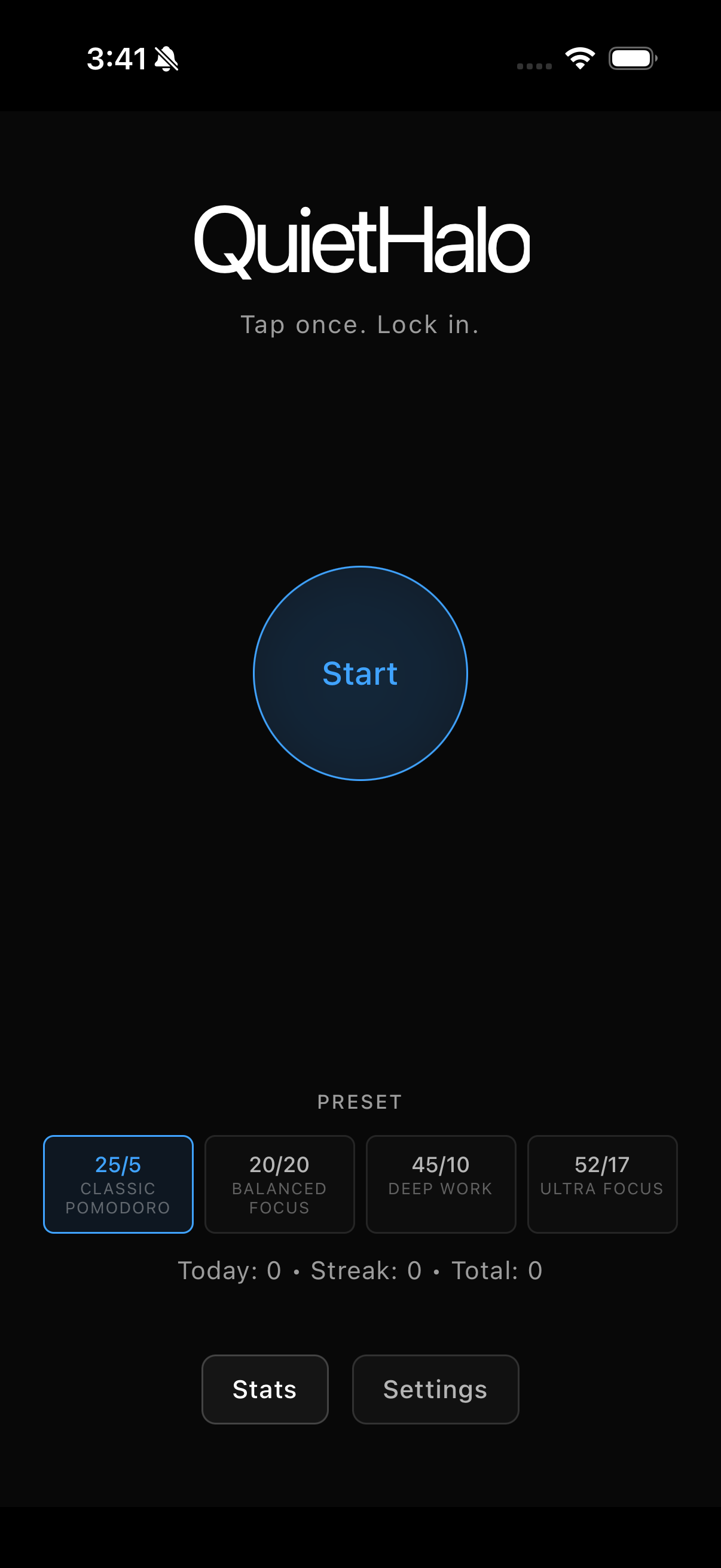 QuietHalo app screen showing time made visible through neon glow.